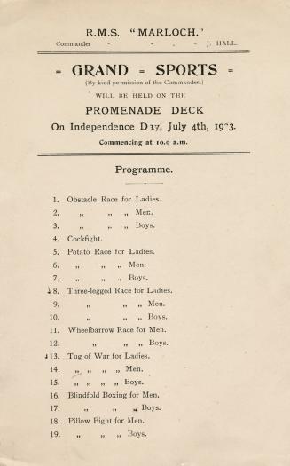 An advertising card titled "R.M.S. "Marloch." Commander J. Hall describing a sports day for lad…