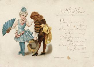 A boy and girl in fancy clothes are pictured on the left side of the card. The right side conta…