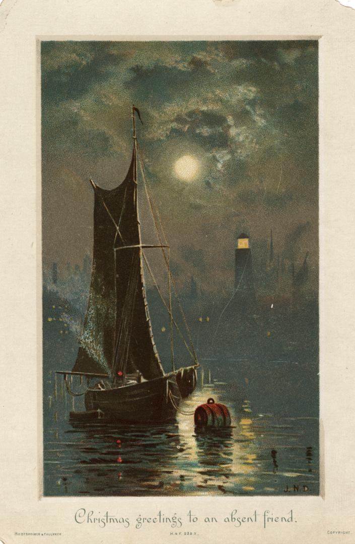 The card pictures a sailboat near a harbour at night. The moon and the silhouettes of buildings…