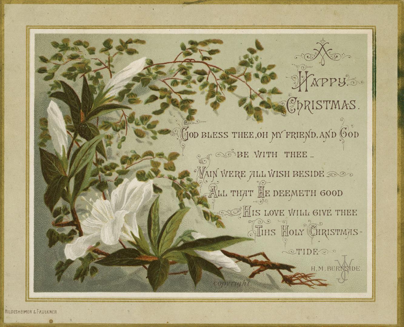 The card pictures white flowers and green foliage on the left. The right contains a rhyming, re…