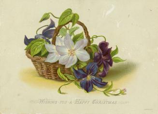 The card pictures a basket of purple, dark blue, and lavender flowers and their foliage. The ba…