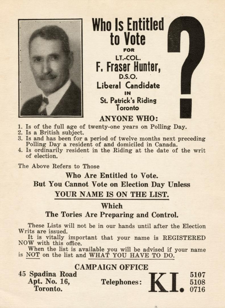 A black and white advertising card stating "Who is Entitled to Vote for Lt.-Col. F. Fraser Hunt…