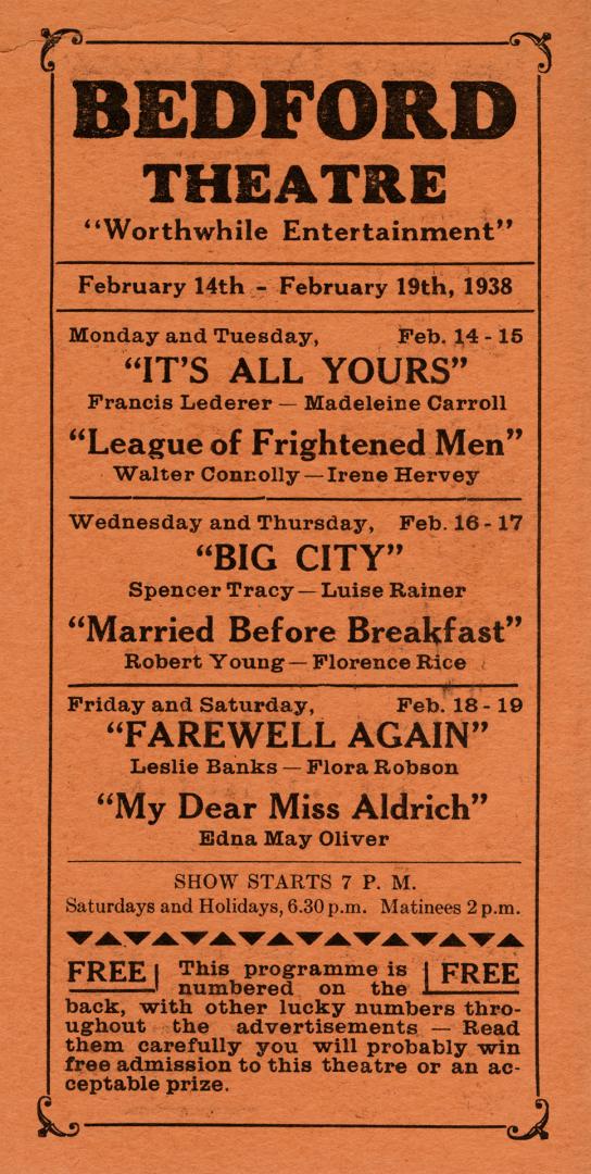 A coral-coloured theatre playbill card titled "Bedford Theatre// Worthwhile Entertainment", tha…