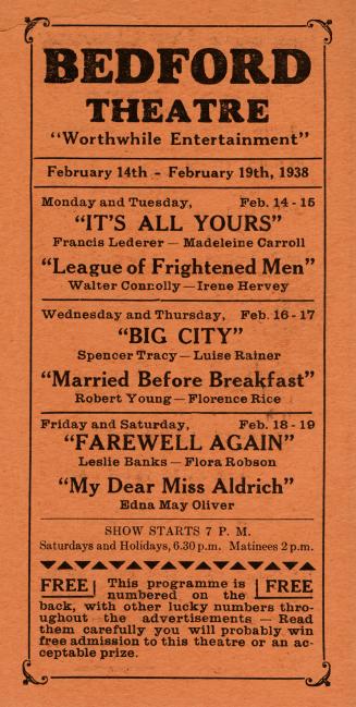 A coral-coloured theatre playbill card titled "Bedford Theatre// Worthwhile Entertainment", tha…