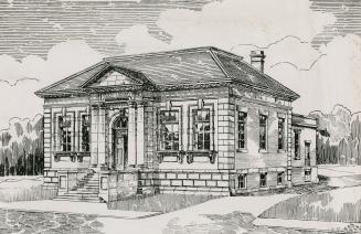 Architects pencil drawing of one story stone building with four pillars, portico and large tall…