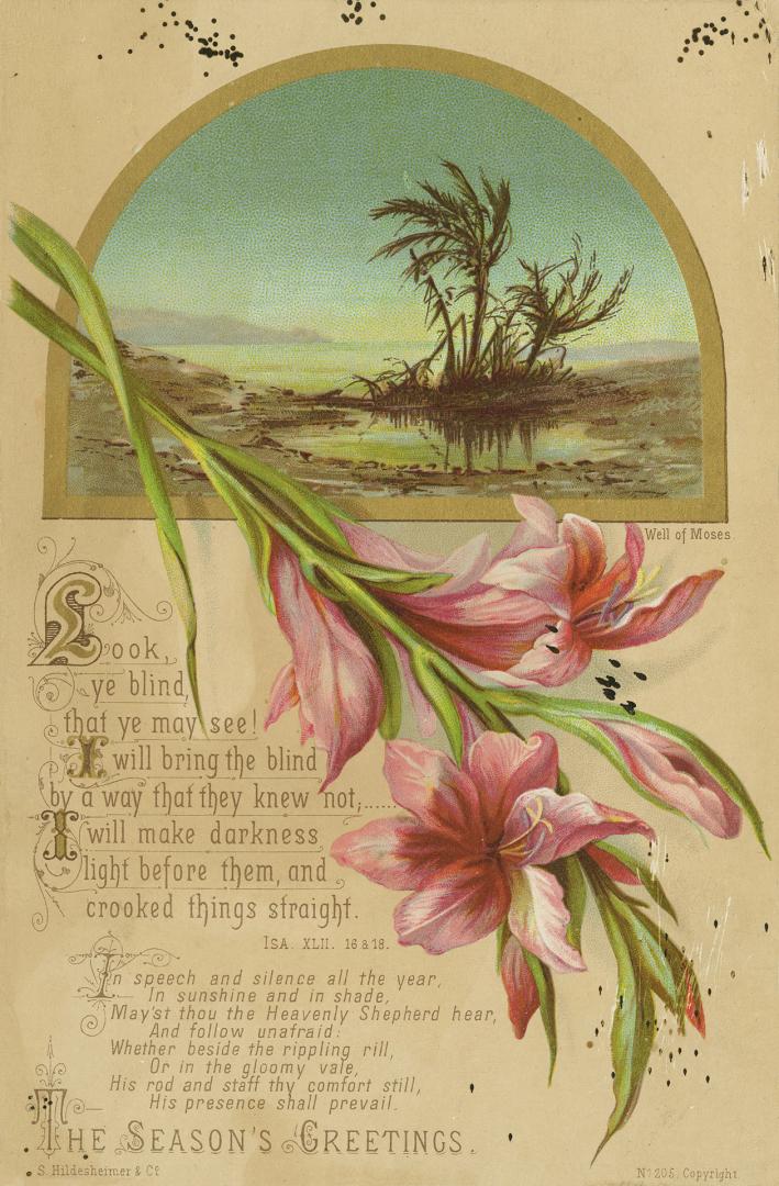 The upper part of the card pictures a lake and a few trees amidst what looks like a barren dese…