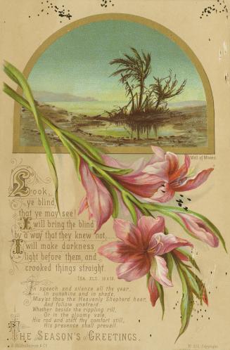 The upper part of the card pictures a lake and a few trees amidst what looks like a barren dese…