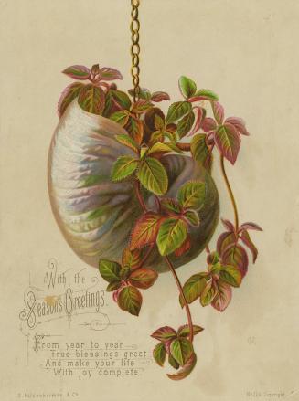 The card pictures a seashell hanging from a chain with plants growing out of it. The bottom lef…