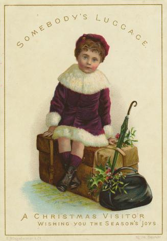 The card pictures a young girl sitting atop a large package or piece of luggage. A smaller blac…