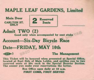 A ticket for 2 for Maple Leaf Gardens, Limited for a Six-Day Bicycle Race starting Friday, May …