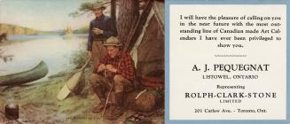 A colour blotter with an illustration of two men with a fishing rod, tenant, and a canoe, with …