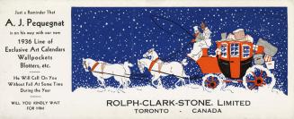 A colour blotter with an illustration of a horse-drawn carriage adorned with gifts, riding thro…