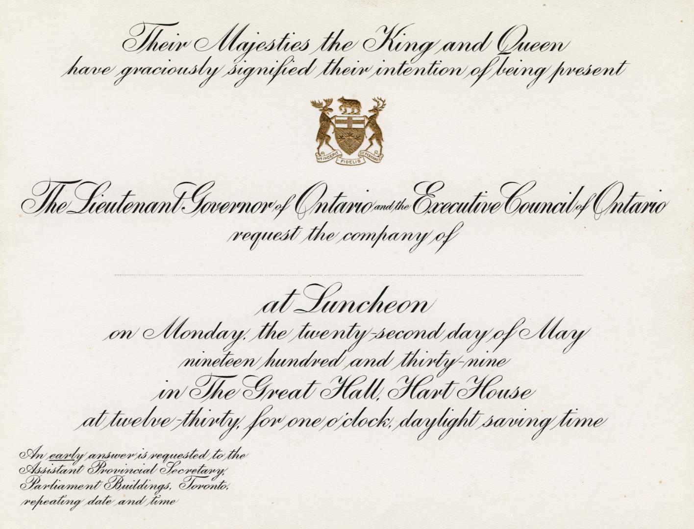 A flat invitation card embossed with the Coat of Arms of Ontario in gold, stating, "Their Majes…