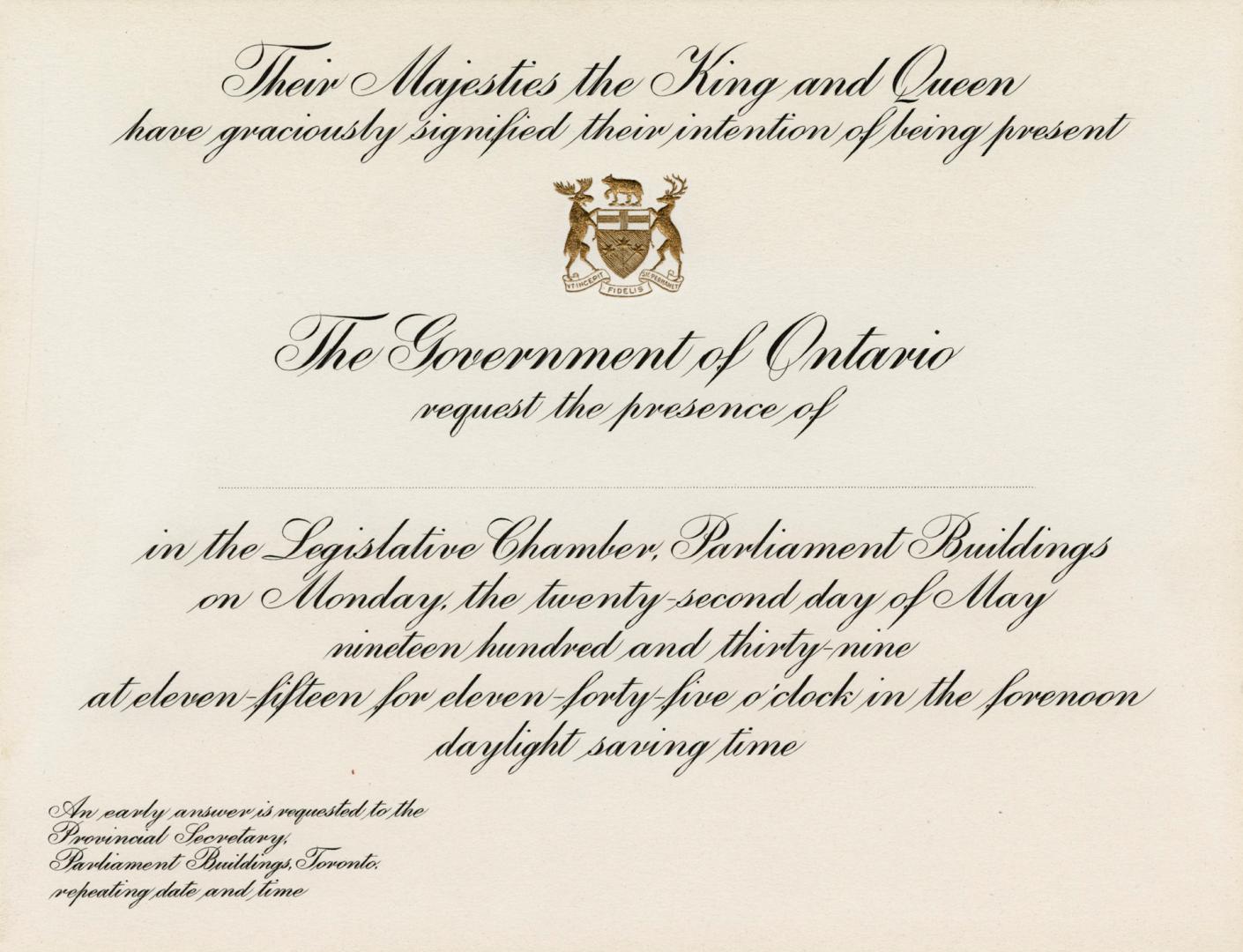 A flat invitation card embossed with the Coat of Arms of Ontario in gold, stating, "Their Majes…