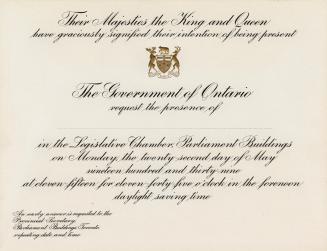 A flat invitation card embossed with the Coat of Arms of Ontario in gold, stating, "Their Majes…