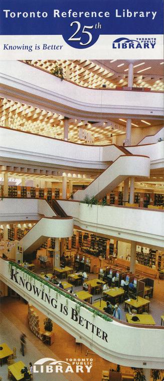 Brochure for Toronto Reference Library 25th anniversary with colour photo of library balconies …