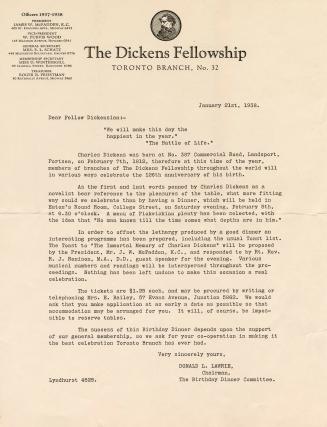 A letter to "Fellow Dickensian" describing an invitation to a celebrate the birthday of Charles…