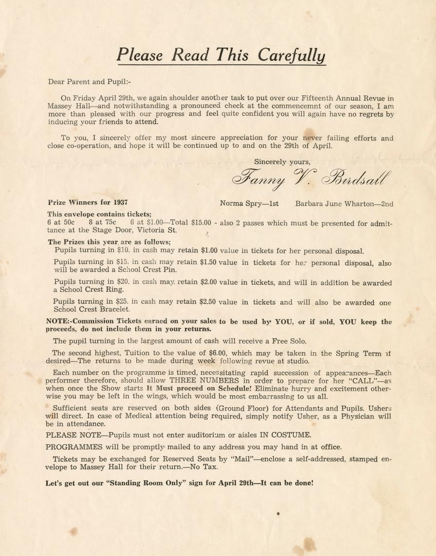 A letter to Parent and Pupil from the Fanny V. Birdsall School of Dance describing the upcoming…