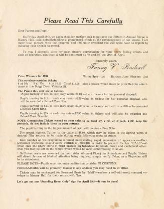 A letter to Parent and Pupil from the Fanny V. Birdsall School of Dance describing the upcoming…