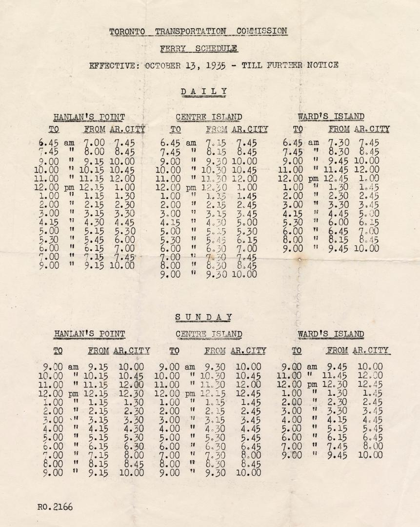 A listing of ferry schedules for Hanlan's Point, Centre Island, and Ward's Island, put out by t…