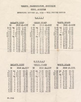 A listing of ferry schedules for Hanlan's Point, Centre Island, and Ward's Island, put out by t…