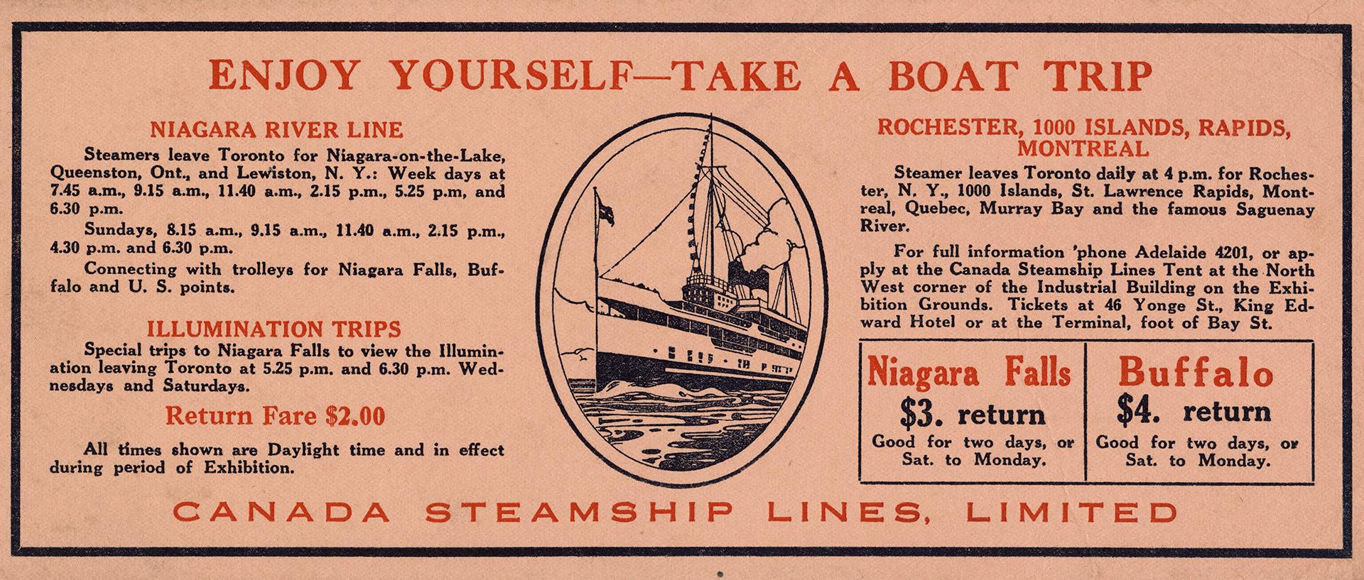 A peach-coloured blotter with the title, "Enjoy Yourself- Take a Boat Trip" by Canada Steamship…