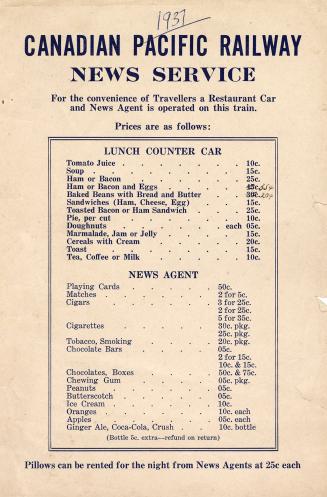 An advertisement flier by the Canadian Pacific Railway News Service stating, "For the convenien…