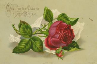 The card pictures a red rose, a small rose bud, and their stems and leaves against a beige back…