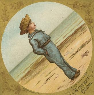The card pictures a boy standing on a sandy beach. He is looking at something beyond the pictur…