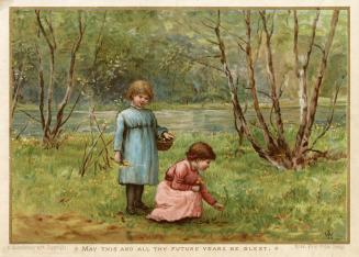 The card pictures two young girls picking yellow flowers. They are in a wild field near trees a…