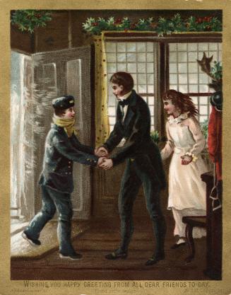 The card pictures a young man and woman welcoming a smaller boy into their home and out of the …
