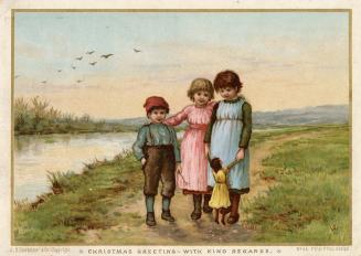 The card pictures three children standing together on a path beside a narrow river. Fields, hil…