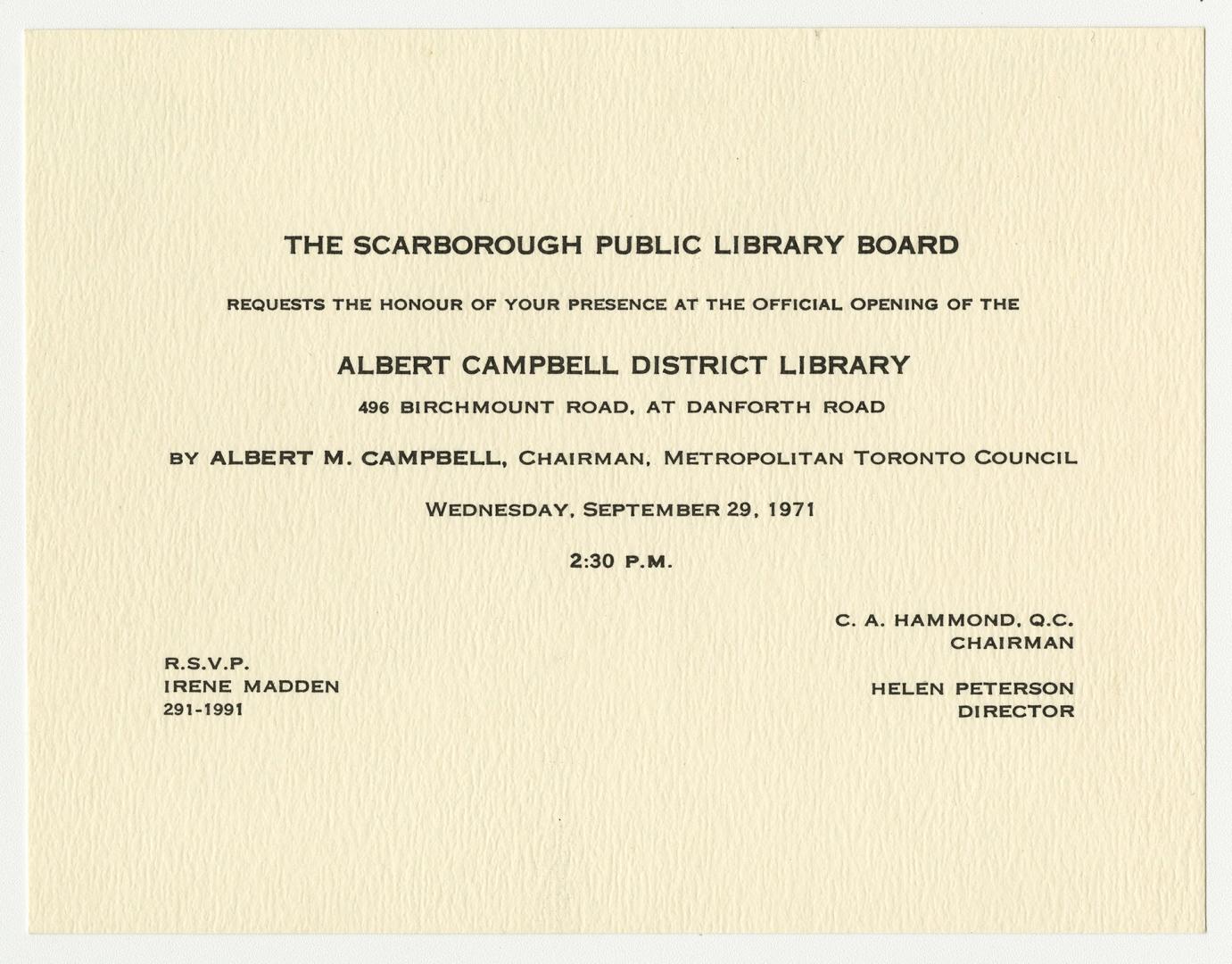 Invitation to official library opening. 