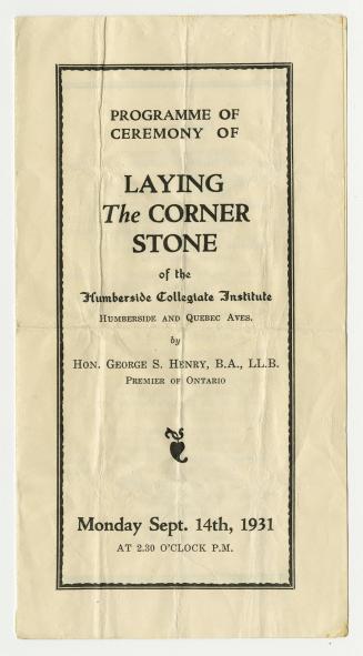 A fold-open flyer containing the programme of ceremony of "Laying the Corner Stone of the Humbe…