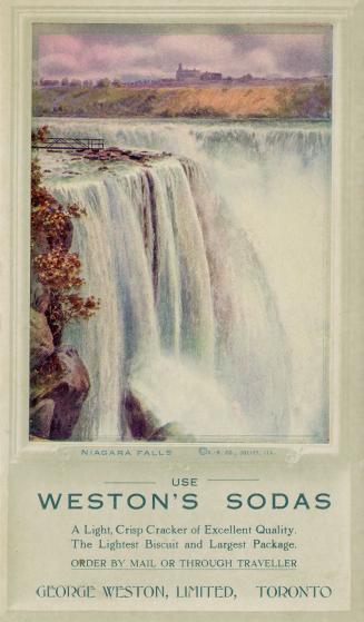 An advertising card depicting an image of Niagara Falls stating, "Use Weston's Sodas// A Light,…