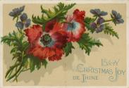 The card pictures red and purple flowers and foliage against a beige background. Text on the ba…