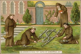 The card pictures four monks in a courtyard. They are arranging stones to form a symbol in the …