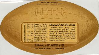 A vest-pocket blotter advertising card die-cut in the shape of a football, for Medical Arts Cof…