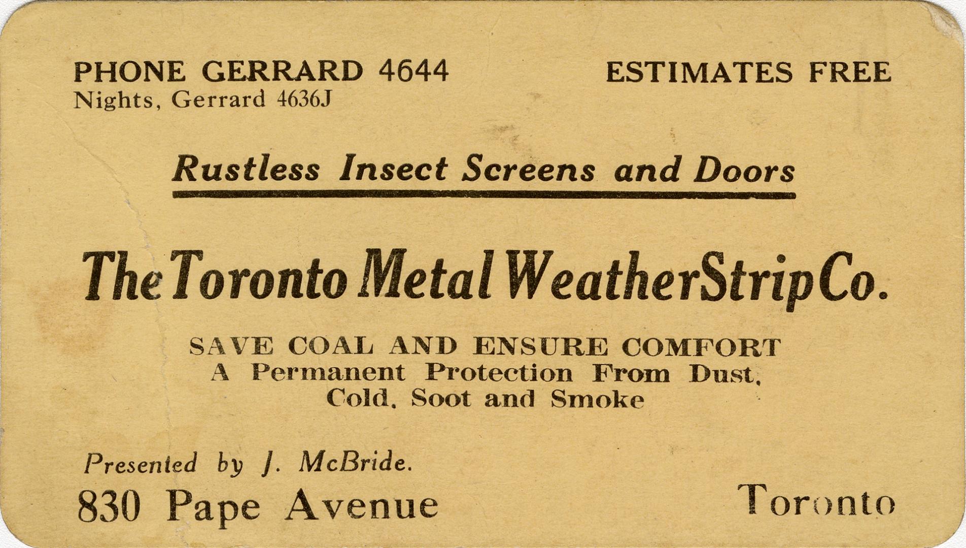 A business-card advertisement for The Toronto Metal WeatherStrip Co. and J. McBride, stating "R…