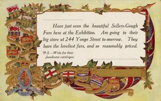 A colour advertising postcard stating "Have just seen the beautiful Sellers-Gough Furs here at …