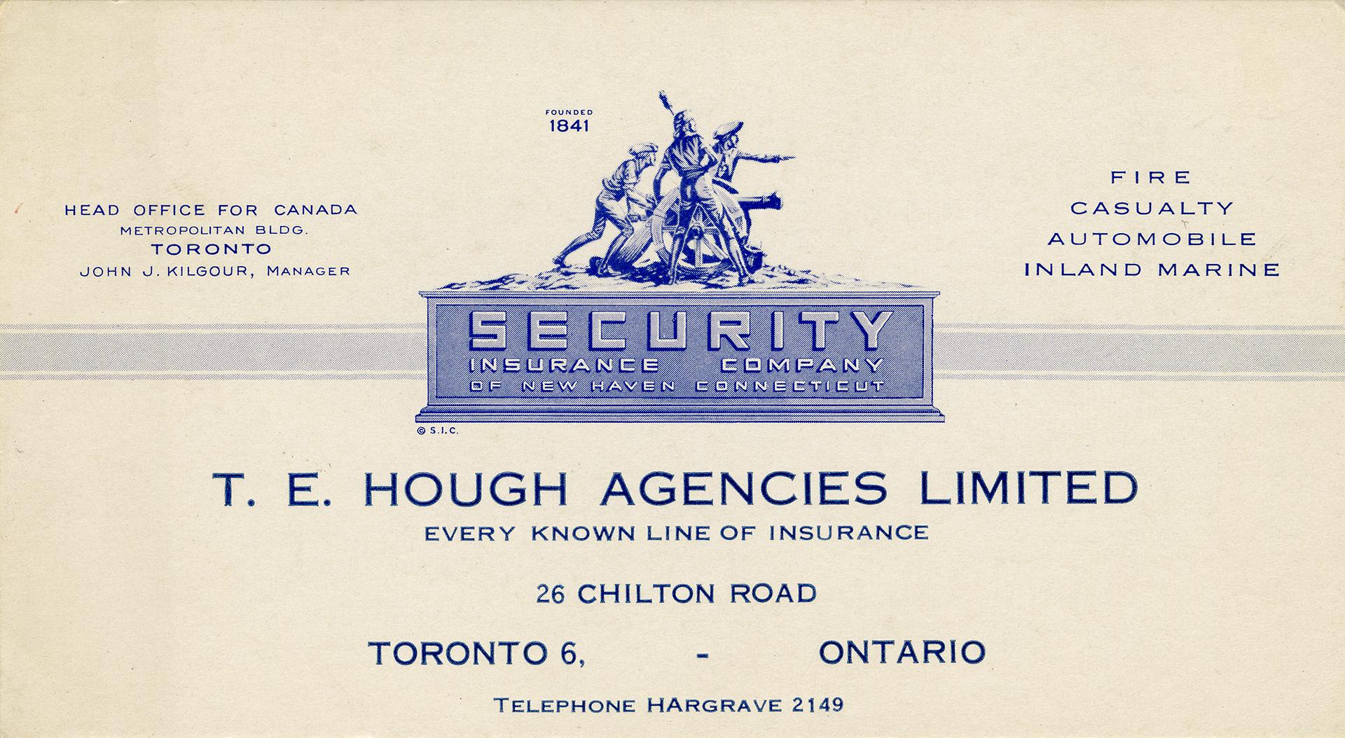 An advertising card with blotter on the rear. The front states "Security Insurance Company of N…