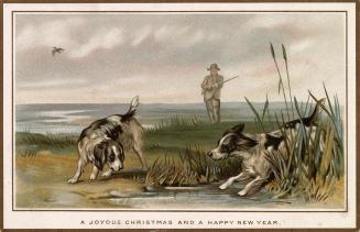 The card pictures two black and white dogs in a large, open field.. A man holding a rifle is vi…
