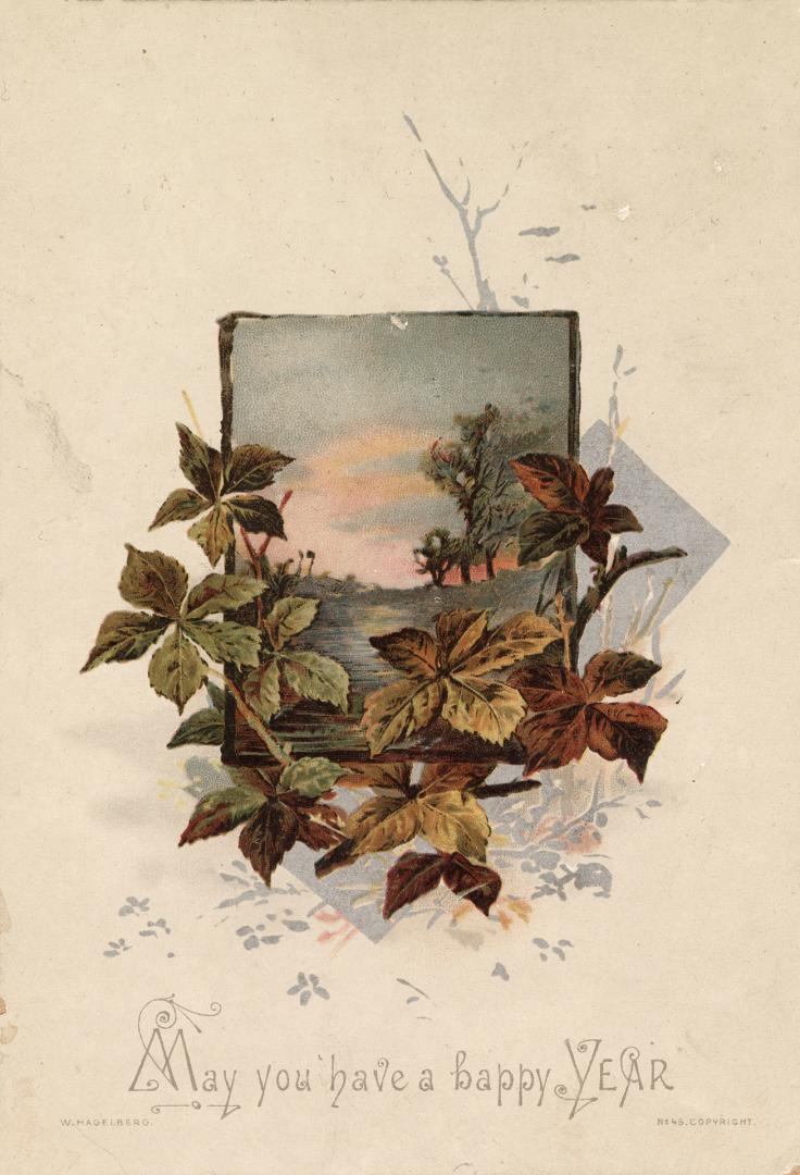 The card pictures a river and its banks framed by orange, yellow and green leaves. The backgrou…