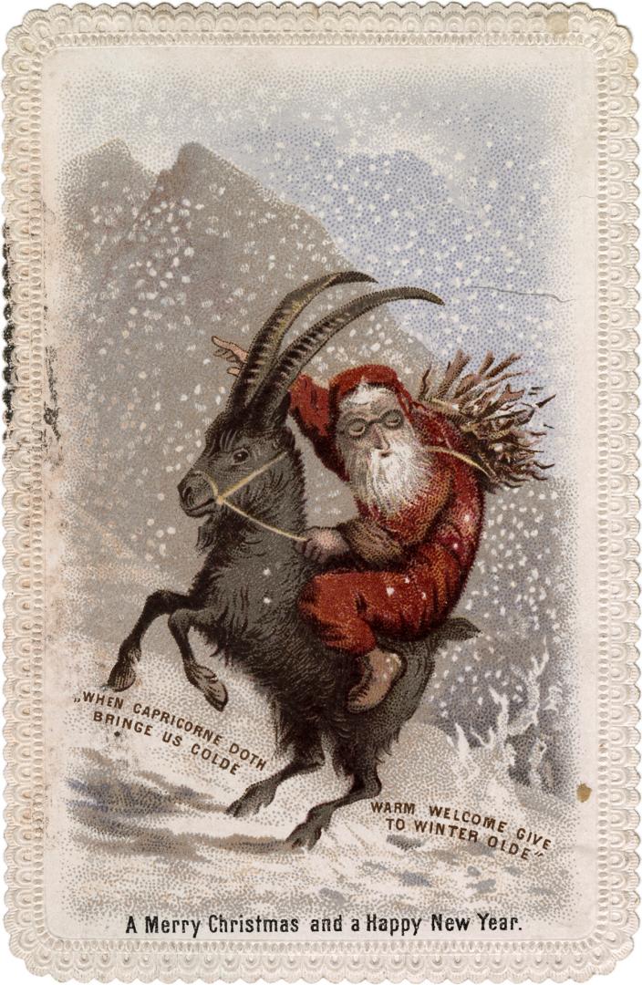 The card pictures a man riding a goat in the snow. The man is dressed in red with a white beard…