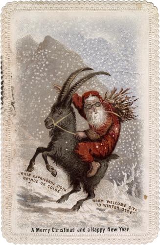 The card pictures a man riding a goat in the snow. The man is dressed in red with a white beard…