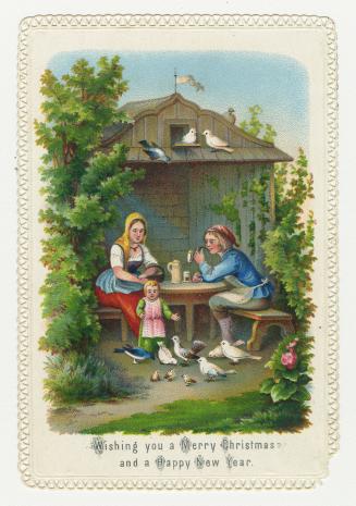 The card pictures a man and woman sitting outside in front of a small building on a sunny day. …