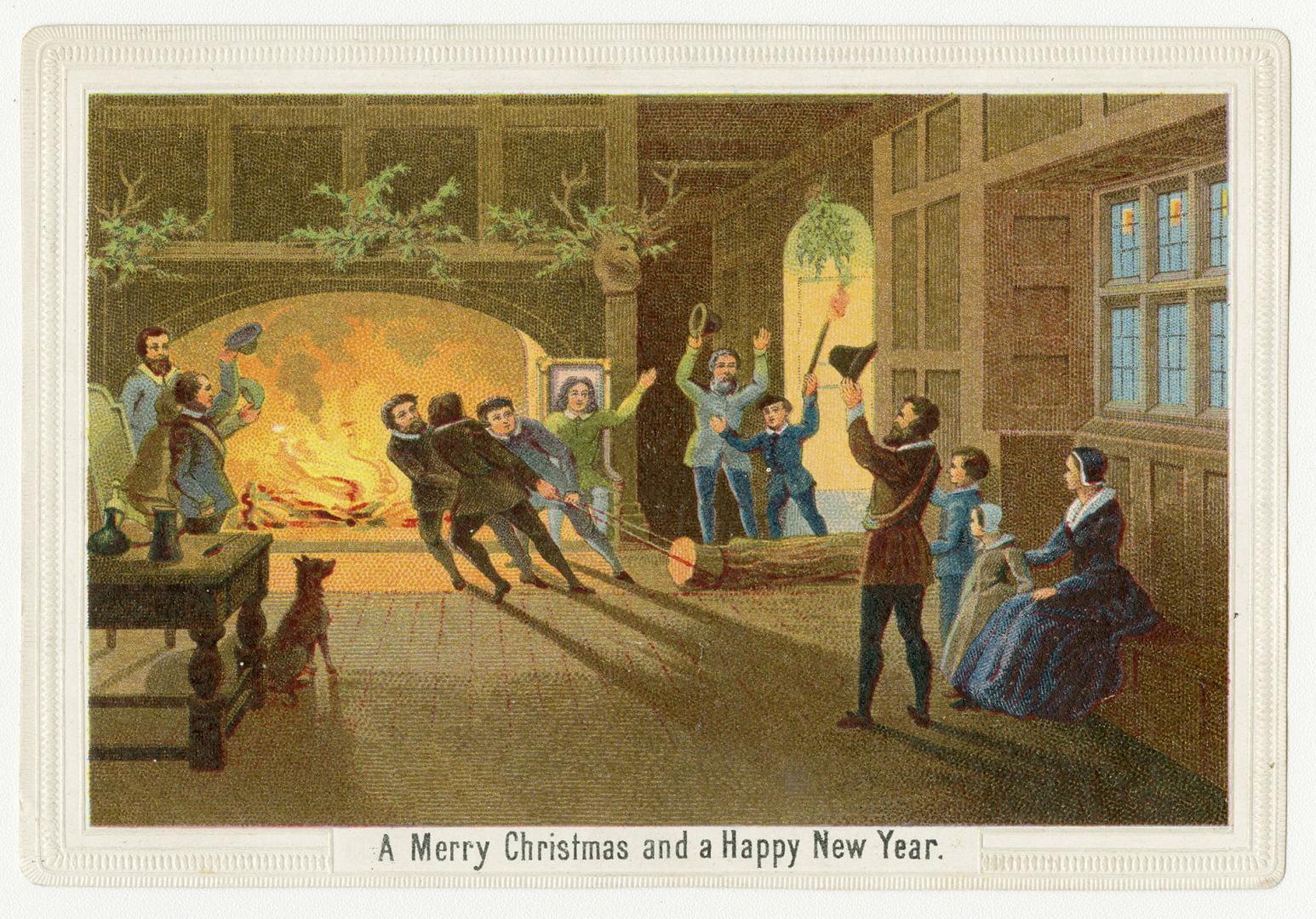 The card pictures 13 people and a dog in a large room with a huge fireplace and blazing fire at…