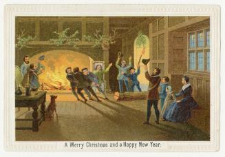 The card pictures 13 people and a dog in a large room with a huge fireplace and blazing fire at…