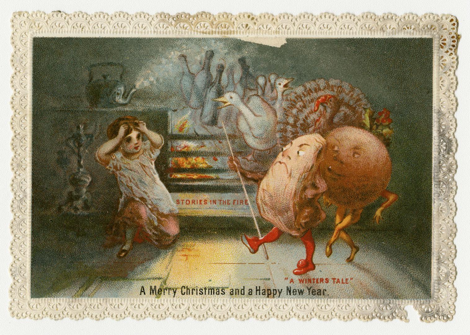 The card pictures an indoor, nighttime scene. A girl sits near a fire place observind a process…