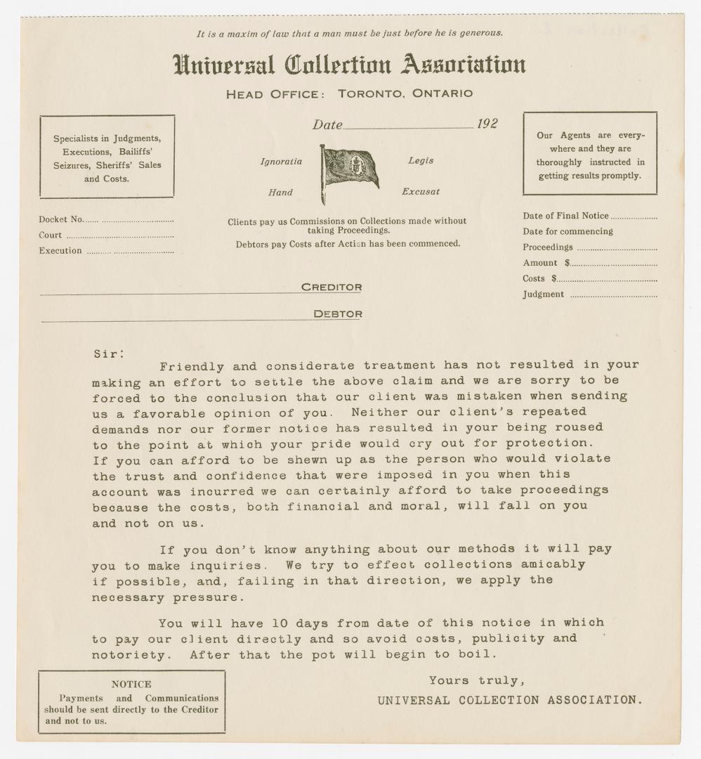 Universal Collection Association [letter]

